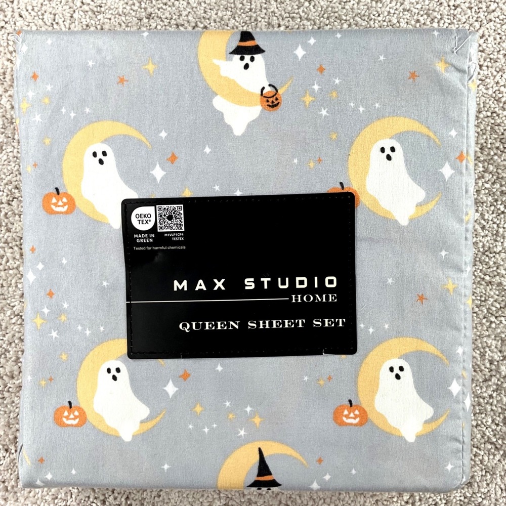 Max Studio Home Queen Sheet Set Halloween Ghost Moon Pumpkin Grey 4pc Microfiber